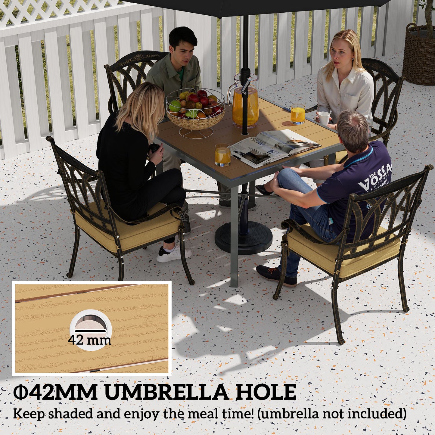Outsunny Garden Table, 90cm Square Outdoor Patio Dining Table with 4.2 cm Umbrella Hole, Metal Frame, Wood Effect Top, for Terrace, Balcony, Natural Wood Finish