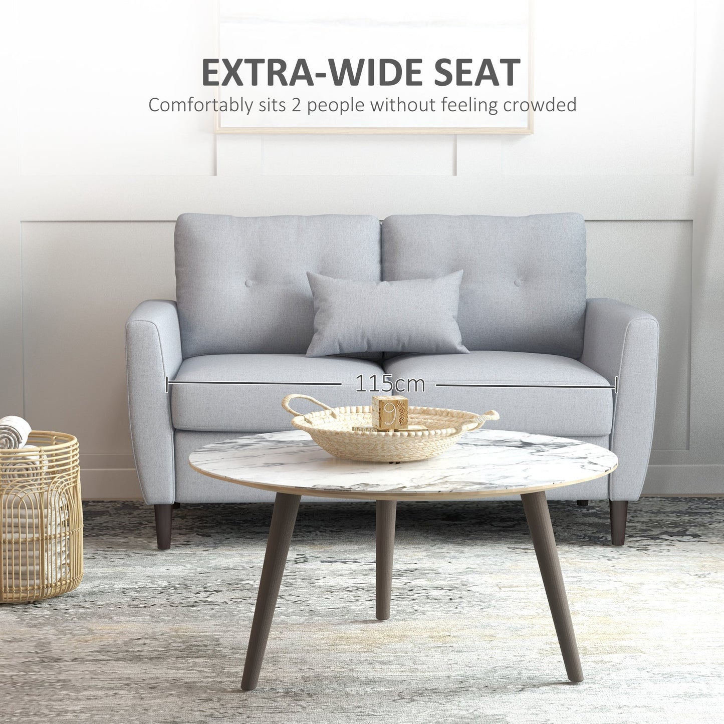 Sofa dwuosobowa HOMCOM, sofa dwuosobowa, materiał, nogi drewniane, pikowane, do salonu, jadalni, biura, jasnoszara