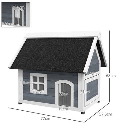 PawHut Outdoor Cat House, Wooden Feral Cat Shelter Waterproof Hide House with Openable Asphalt Roof and Three Doors, 77 x 57.5 x 68cm, Grey