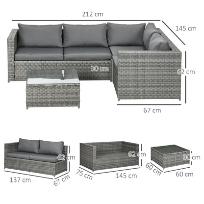 Outsunny 3 Pieces PE Rattan Garden Furniture Set with 10cm Thick Cushions, 4 Seater Outdoor Patio Corner Sofa Set with Glass Top Coffee Table, Grey