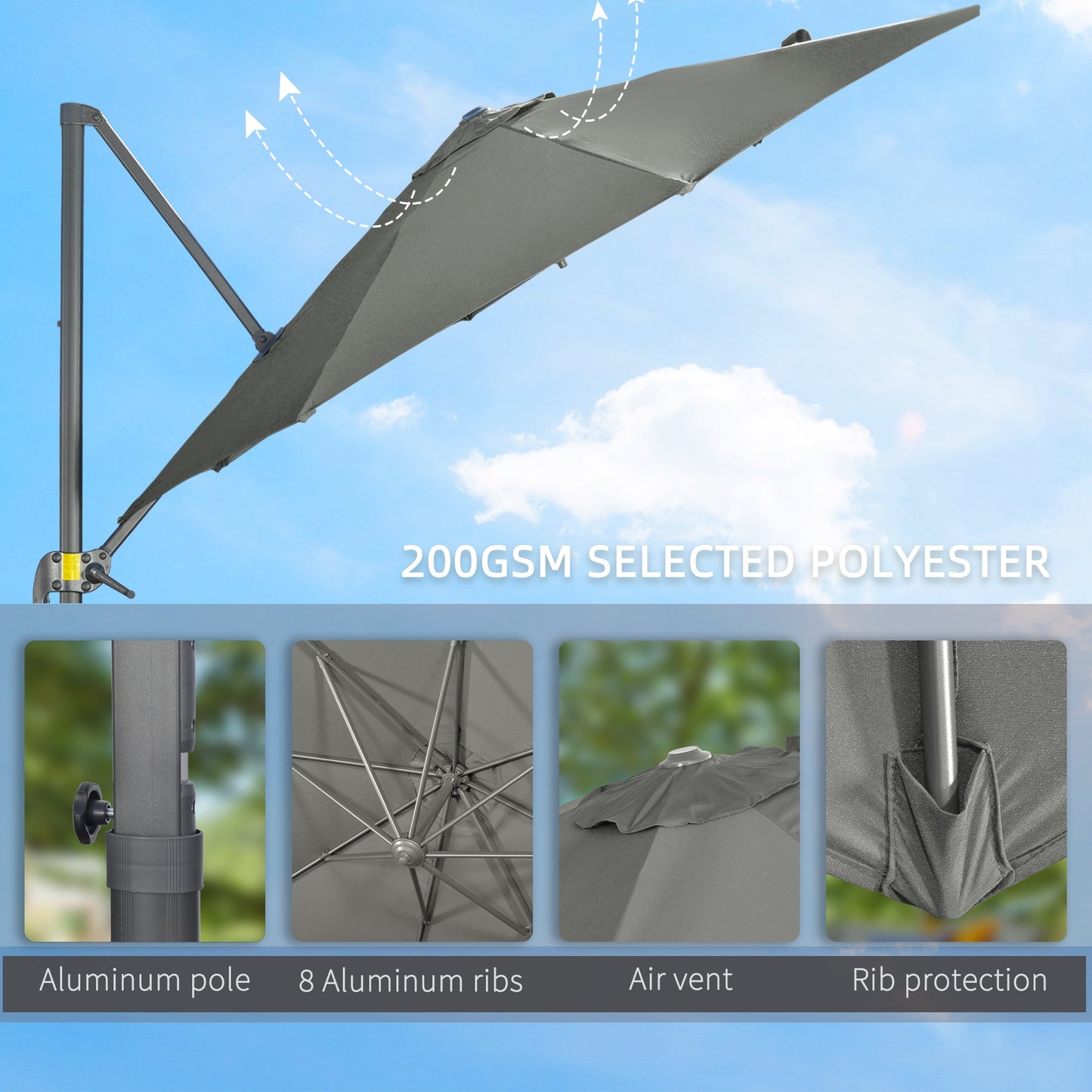 Outsunny 3 x 3(m) Cantilever Parasol with Cross Base, Garden Umbrella with 360° Rotation, Crank Handle and Tilt for Outdoor, Patio, Grey