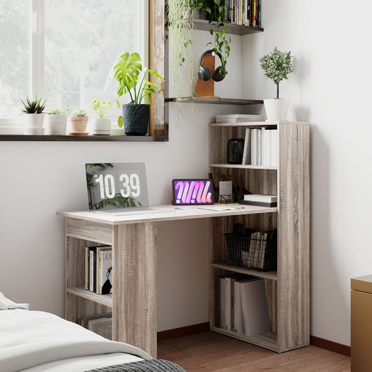 HOMCOM 120 cm Nowoczesne biurko komputerowe, regał na książki, biurko do nauki, stanowisko pracy, komputer, laptop, biuro domowe, 6 półek, szary, imitacja drewna