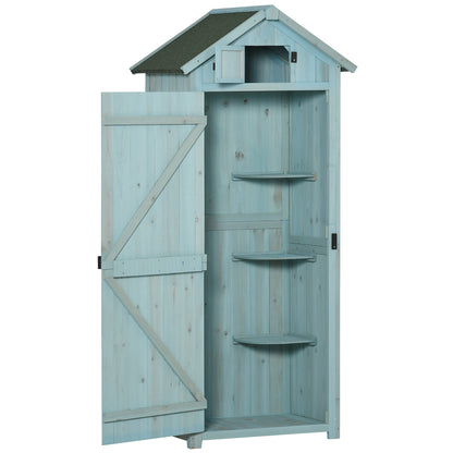 Outsunny Garden Shed Vertical Utility 3 Shelves Shed Wood Outdoor Garden Tool Storage Unit Storage Cabinet, 77 x 54.2 x 179cm - Blue