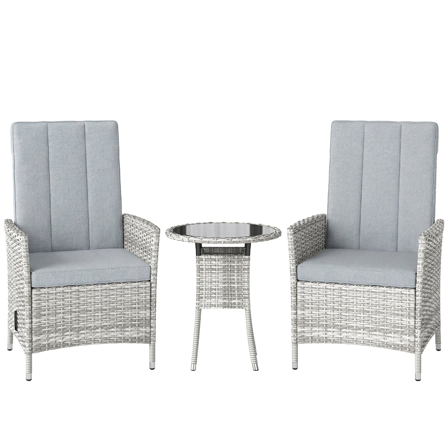 Outsunny Rattan Bistro Set, Reclining Garden Chairs and Glass Coffee Table with Cushions for Patio Balcony Porch, Light Grey