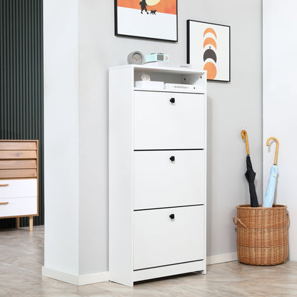 HOMCOM Wąska szafka na buty z 3 drzwiami uchylnymi, 14-18 par Szafka na buty z otwartą półką do wąskiego korytarza i przedpokoju, 24 x 60 x 132 cm, biała