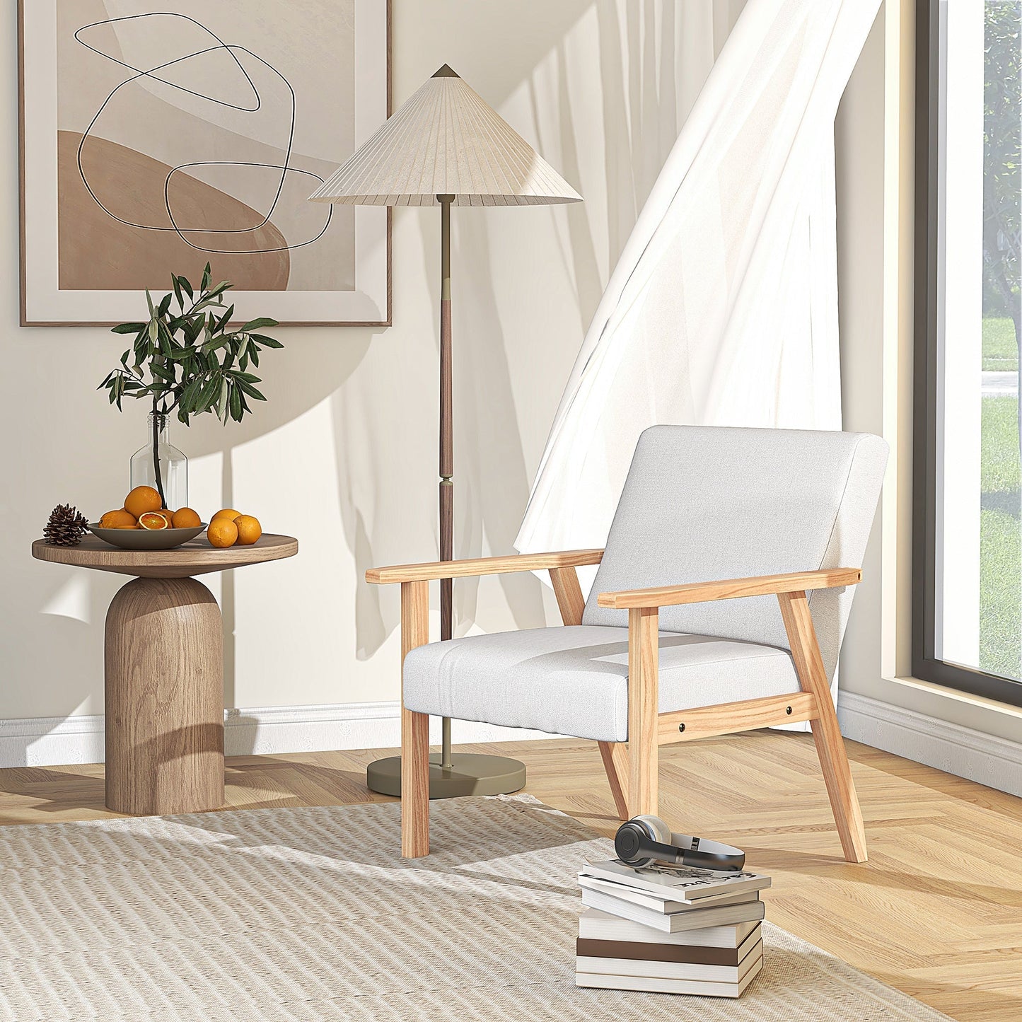 HOMCOM Modern Armchair, Linen Upholstered Sofa with Solid Wood Legs and Wide Seat, Accent Chair for Living Room Bedroom Office, Cream White