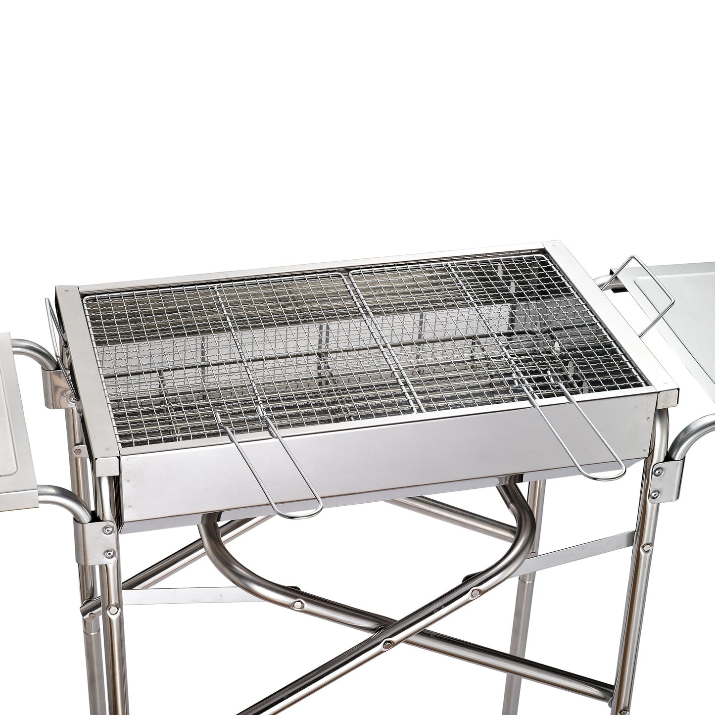 Outsunny Folding Barbecue Grill Garden Rectangular Stainless Steel BBQ w/ Adjustable legs, BBQ grates, frying plate and Non-stick pan, Silver