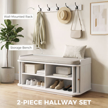 HOMCOM Hallway Storage Unit, Hallway Furniture Set with Shoe Storage Cabinet and 5 Hooks Coat Rack, White
