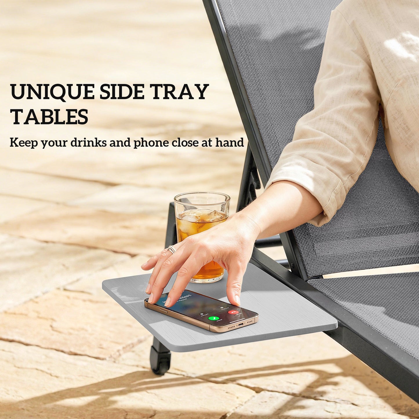 Outsunny Sun Loungers Set of 2 with Side Tray Table, Garden Recliners with 5-Position Adjustable Backrest, 2 Wheels, Grey