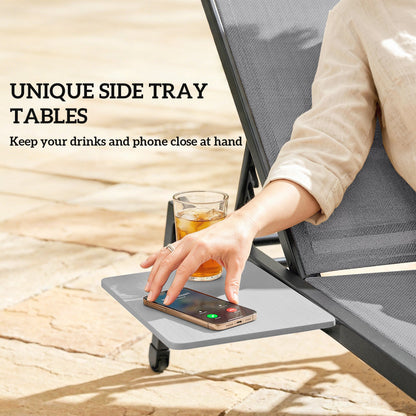 Outsunny Sun Loungers Set of 2 with Side Tray Table, Garden Recliners with 5-Position Adjustable Backrest, 2 Wheels, Grey