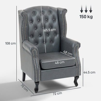 HOMCOM Wingback Accent Chair Tufted Chesterfield-style Armchair with Nail Head Trim for Living Room Bedroom Grey