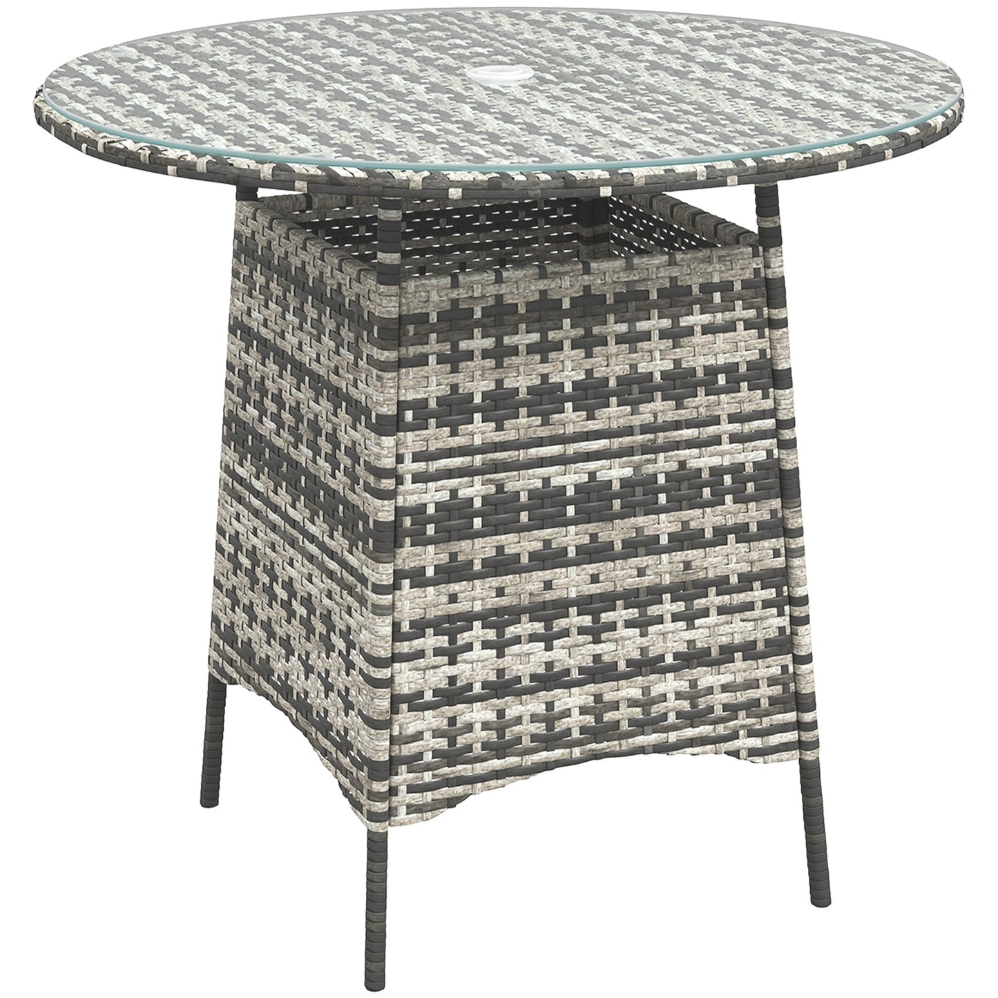 Outsunny Wicker Garden Rattan Table, Patio Furniture Outdoor Coffee Table z otworem na parasol i blatem ze szkła hartowanego, szary