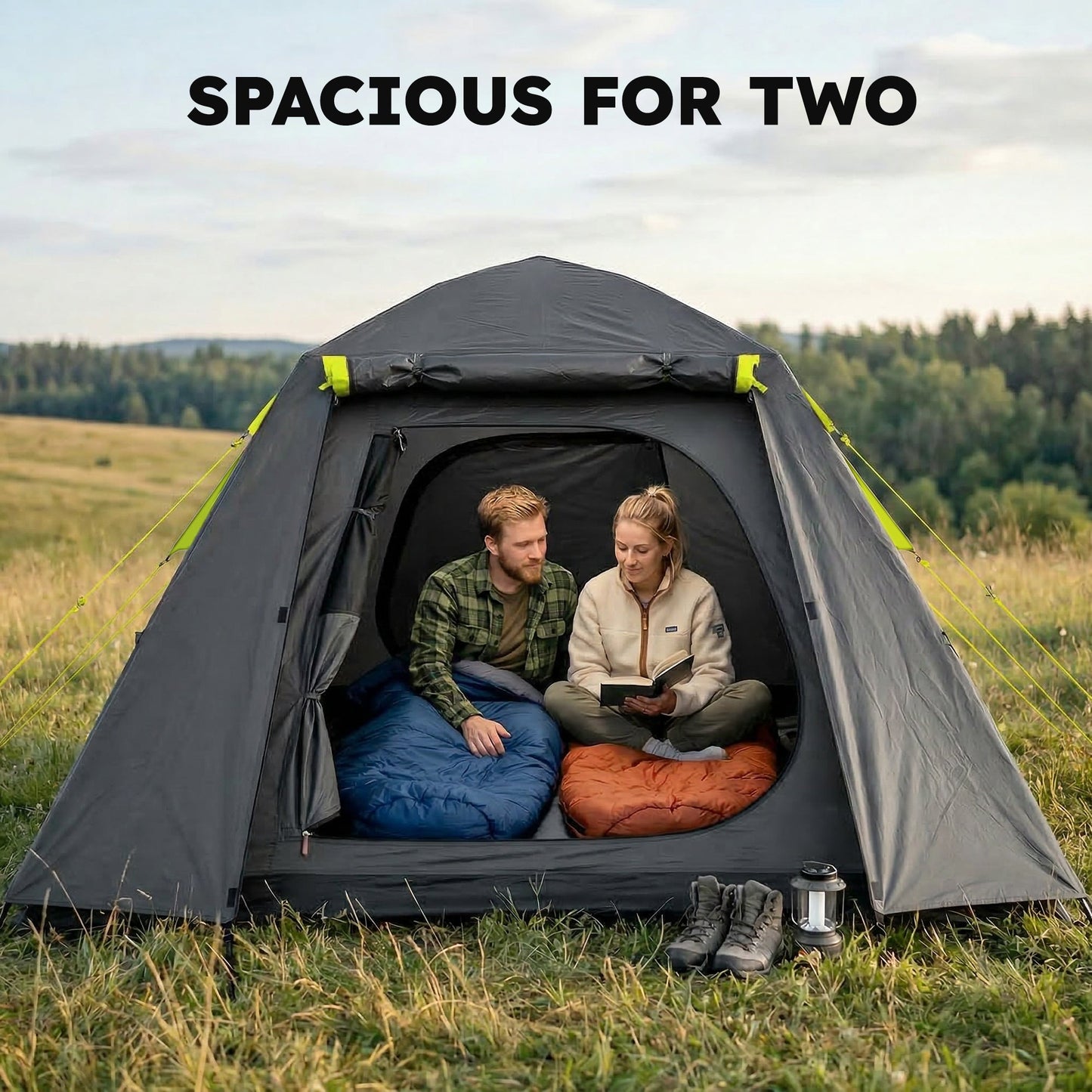 Outsunny Camping Tent 3000mm Waterproof Tent with 2 Doors for 2 Person, Grey & Green