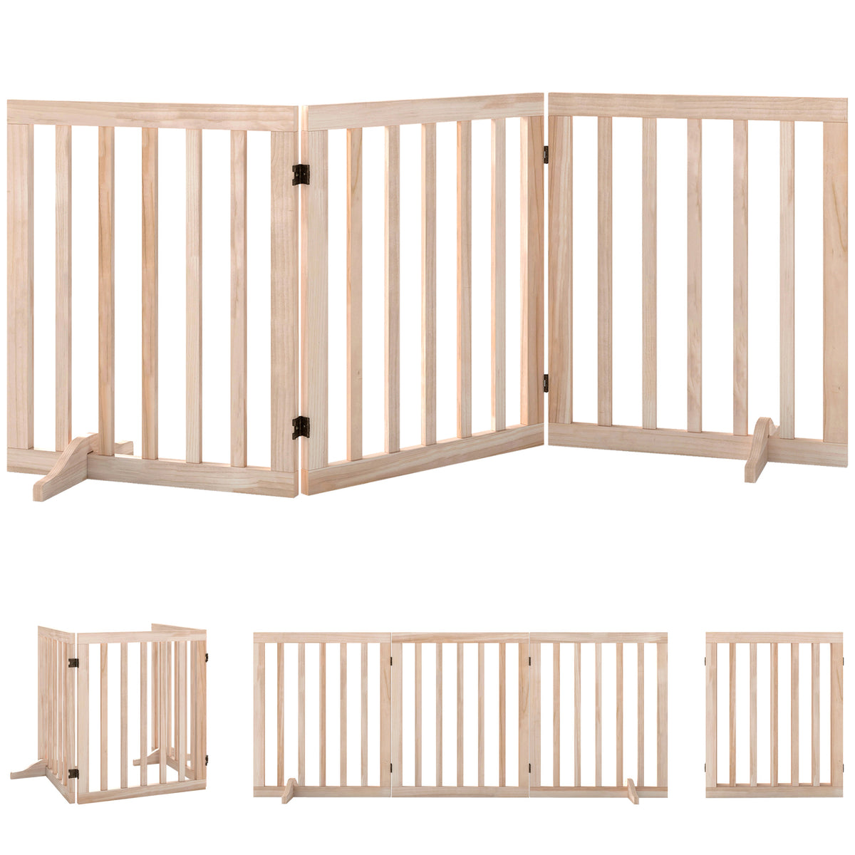 PawHut Wooden Dog Gate, 3-Panel Freestanding Pet Gates Indoor with 2 Support Feet and 360° Flexible Hinges, Natural