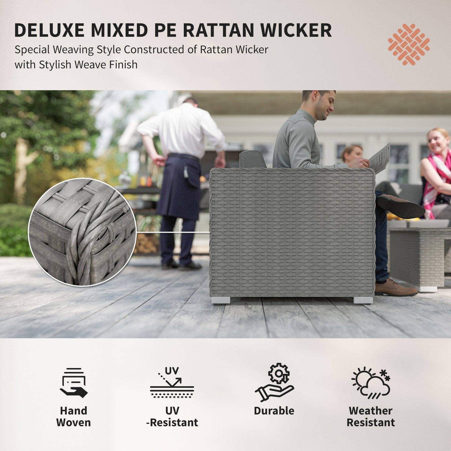 Outsunny 6 Pieces Outdoor PE Rattan Wicker Corner Sofa Set with 10cm Thick Padded Cushions, Aluminium Conservatory Furniture with Glass Top Coffee Table, Footstools, Grey