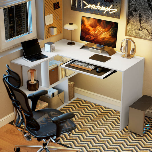 HOMCOM L-Shaped Corner Desk in White Wood Effect, image 2