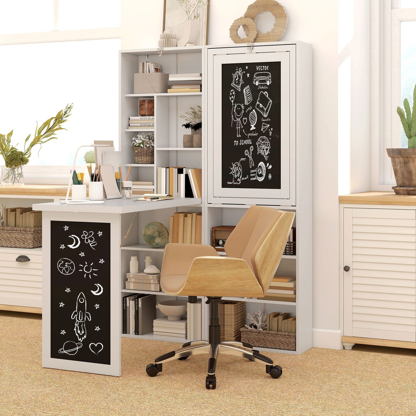 HOMCOM Wall Mounted Computer Desk, Folding Study Table with Black Board and Bookshelf, Multifunctional Floating Writing Desk for Home Office, White