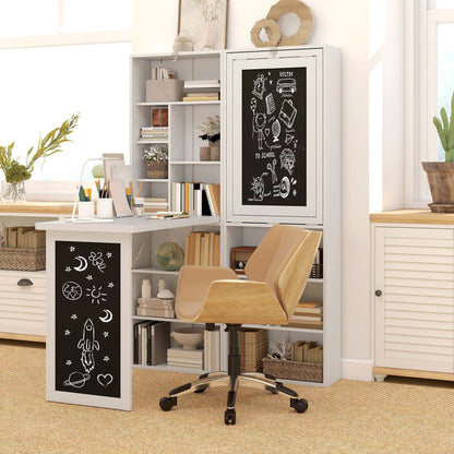 HOMCOM Wall Mounted Computer Desk, Folding Study Table with Black Board and Bookshelf, Multifunctional Floating Writing Desk for Home Office, White