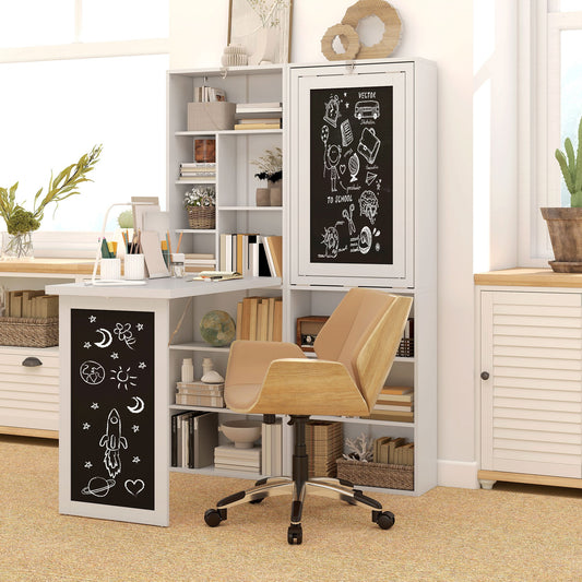 HOMCOM Wall Mounted Computer Desk, Folding Study Table with Black Board and Bookshelf, Multifunctional Floating Writing Desk for Home Office, White