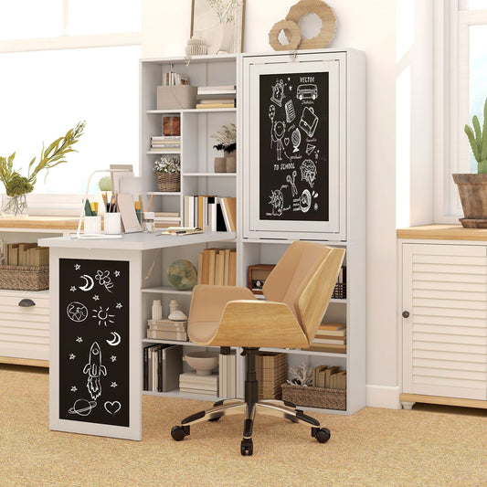 HOMCOM Wall Mounted Computer Desk, Folding Study Table with Black Board and Bookshelf, Multifunctional Floating Writing Desk for Home Office, White