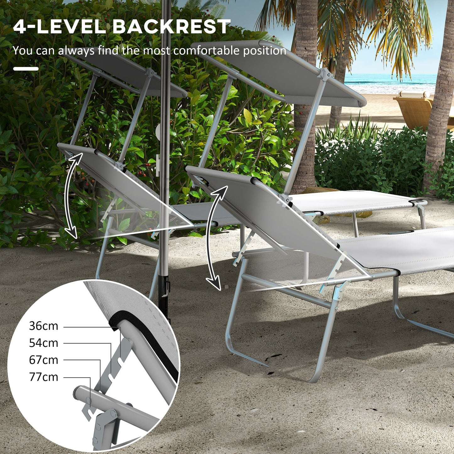 Outdoor Foldable Sun Lounger Set of 2 Reclining Chair With Angle Adjust Sun Shade Awning for Beach, Garden, Patio, Light Grey