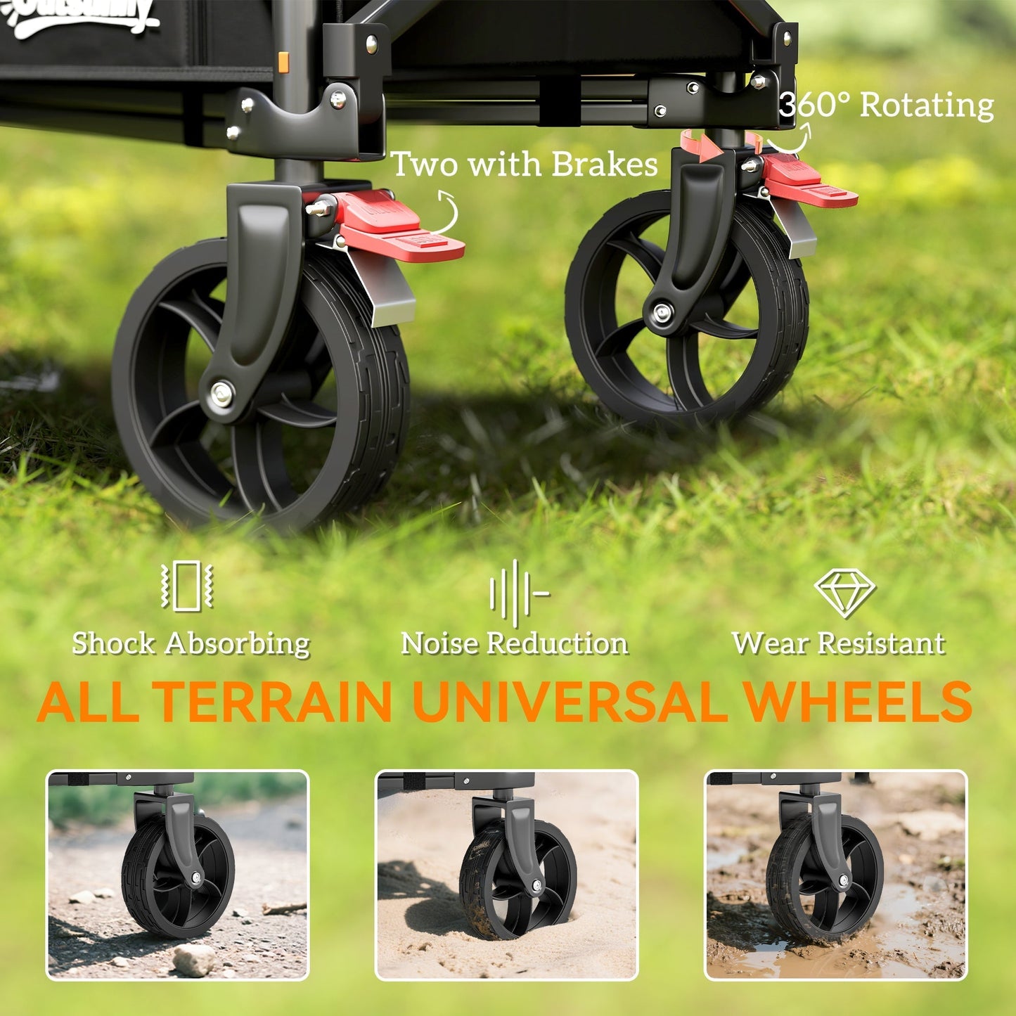 Outsunny Festival Trolley on Wheels, 150L Folding Camping Trolley Cart with Openable Sides, Adjustable Handle and Brakes for Shopping Beach Garden Fishing, Black