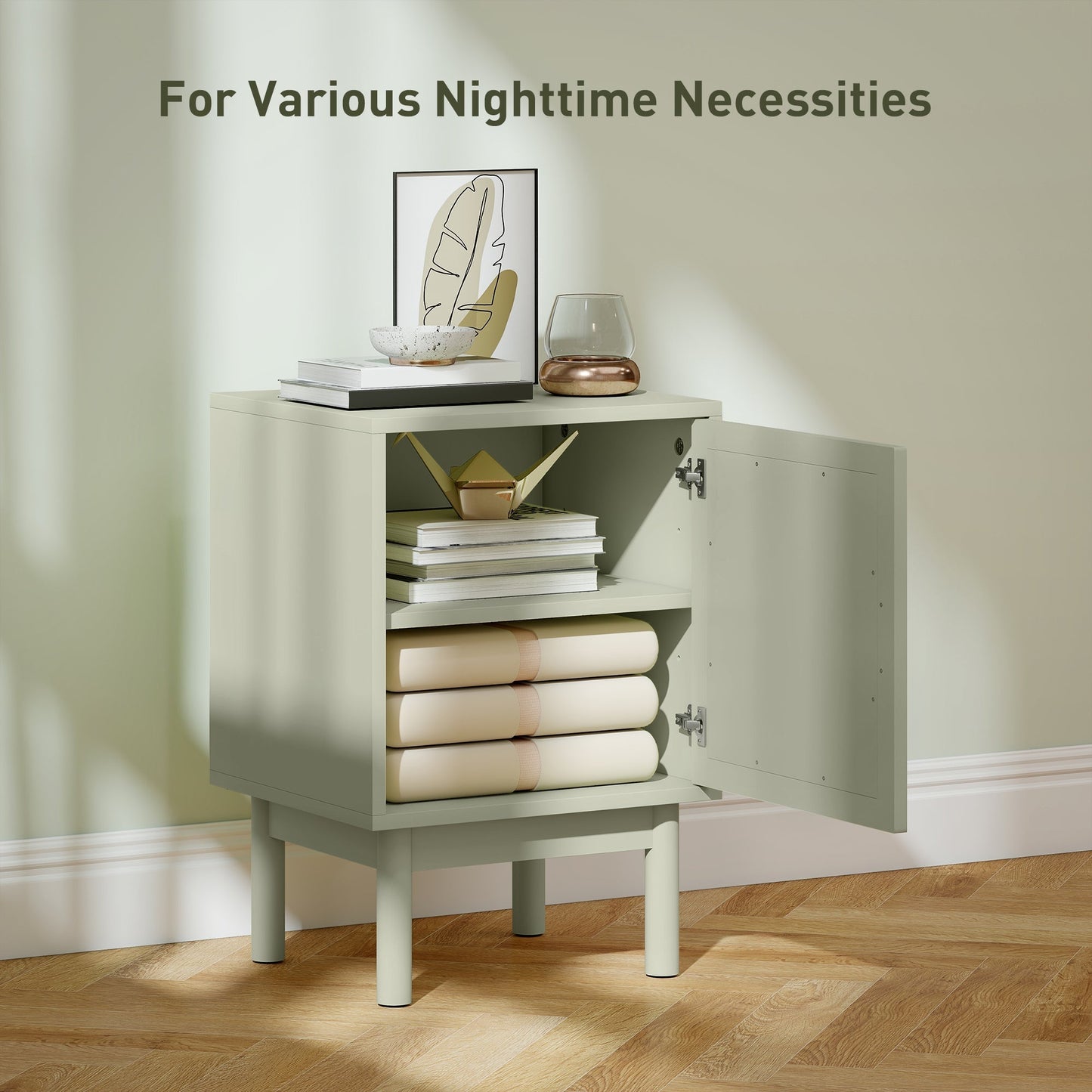 HOMCOM Rattan Bedside Table for Bedroom - Light Green
