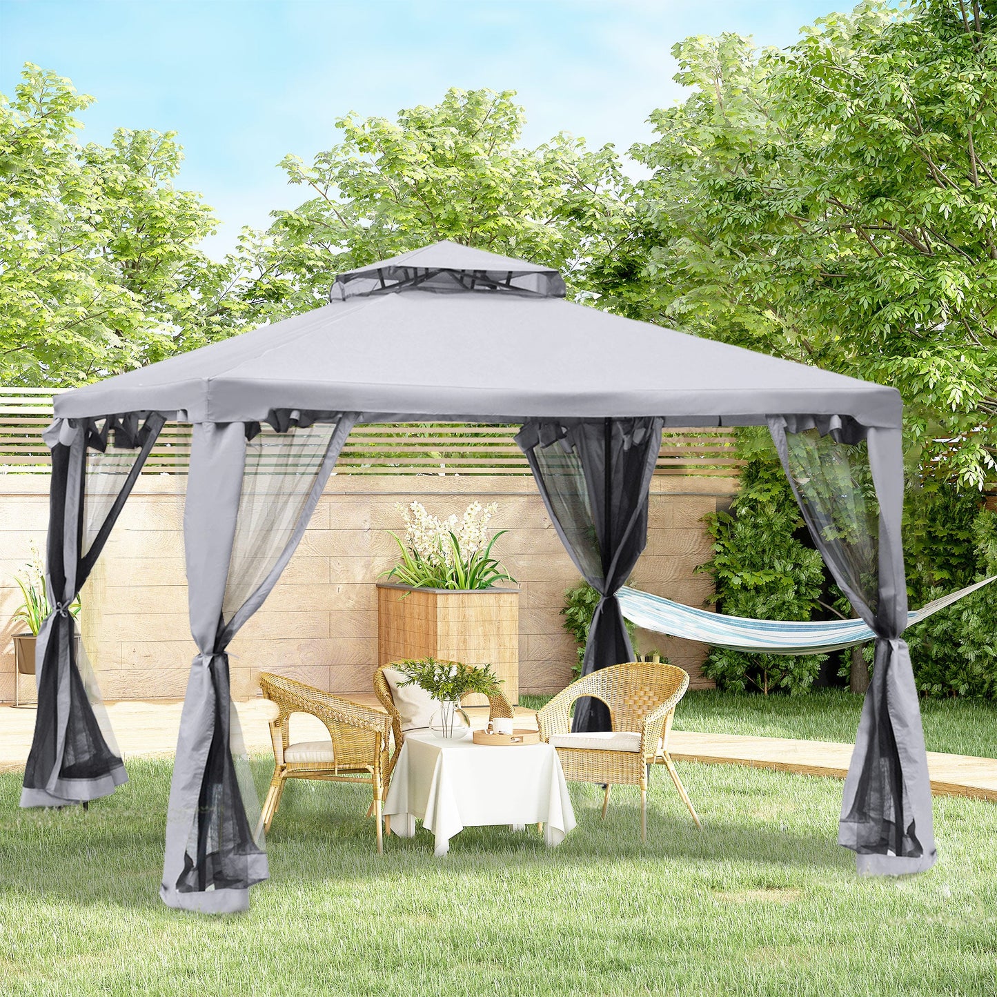 Outsunny 3 x 3 m Metal Gazebo, Garden Pavillion, Double Roof Outdoor Canopy Shelter with Mesh Sidewalls, Grey