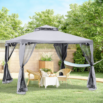 Outsunny 3 x 3 m Metal Gazebo, Garden Pavillion, Double Roof Outdoor Canopy Shelter with Mesh Sidewalls, Grey