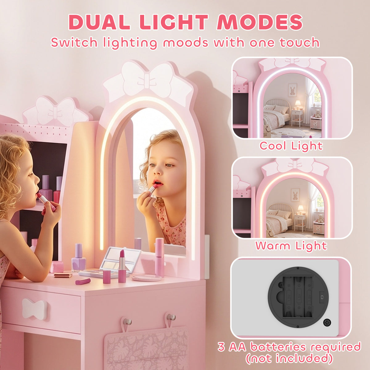 AIYAPLAY Kids Dressing Table, 3-in-1 Kids Vanity Set with Stool, 2-Colour Lights Mirror, Clothes Rack for Ages 3-8, Pink
