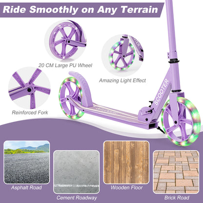 Kick Scooter Foldable and Adjustable Design with 2 Big Wheels and LED Lights-Purple