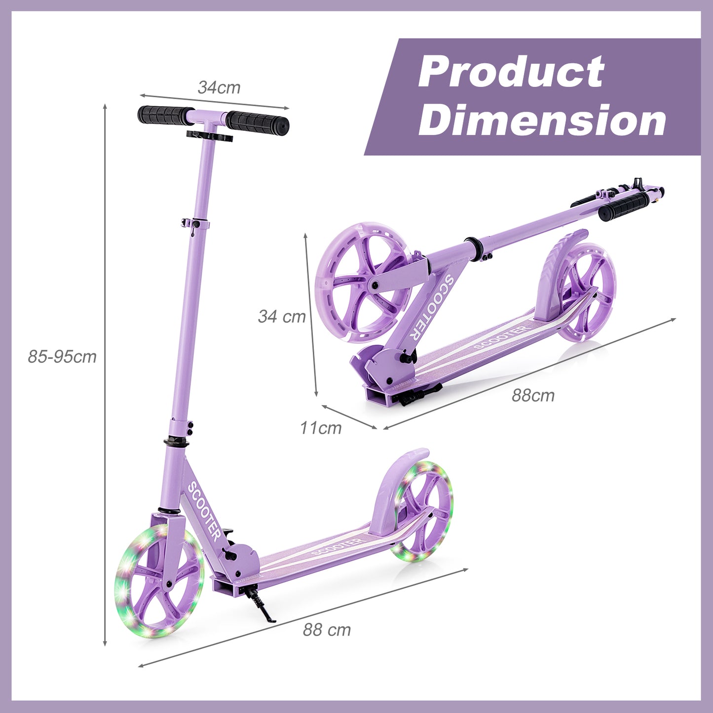 Kick Scooter Foldable and Adjustable Design with 2 Big Wheels and LED Lights-Purple