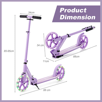 Kick Scooter Foldable and Adjustable Design with 2 Big Wheels and LED Lights-Purple