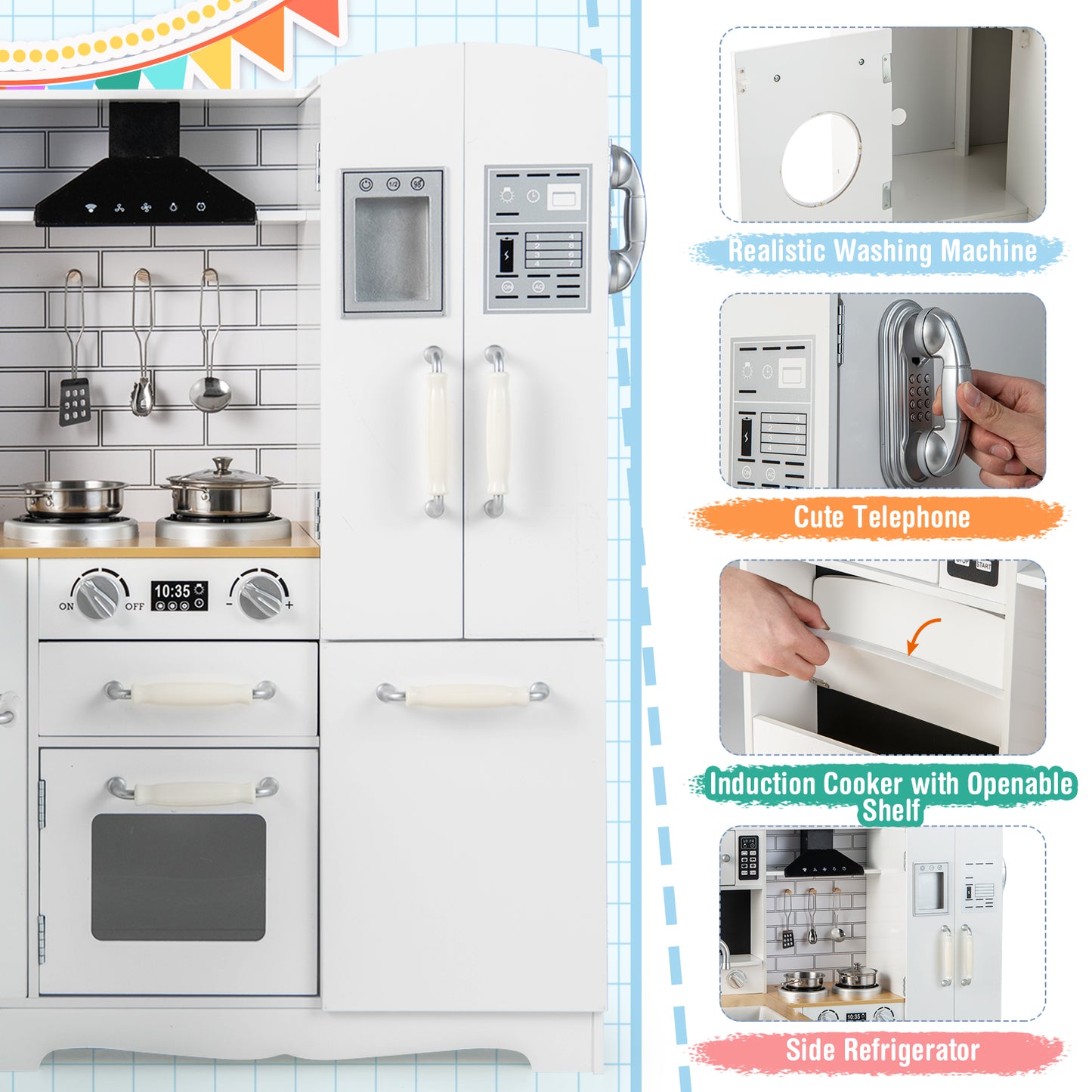 Kid's Corner Kitchen Playset Wooden Play Kitchen with Range Hood-White