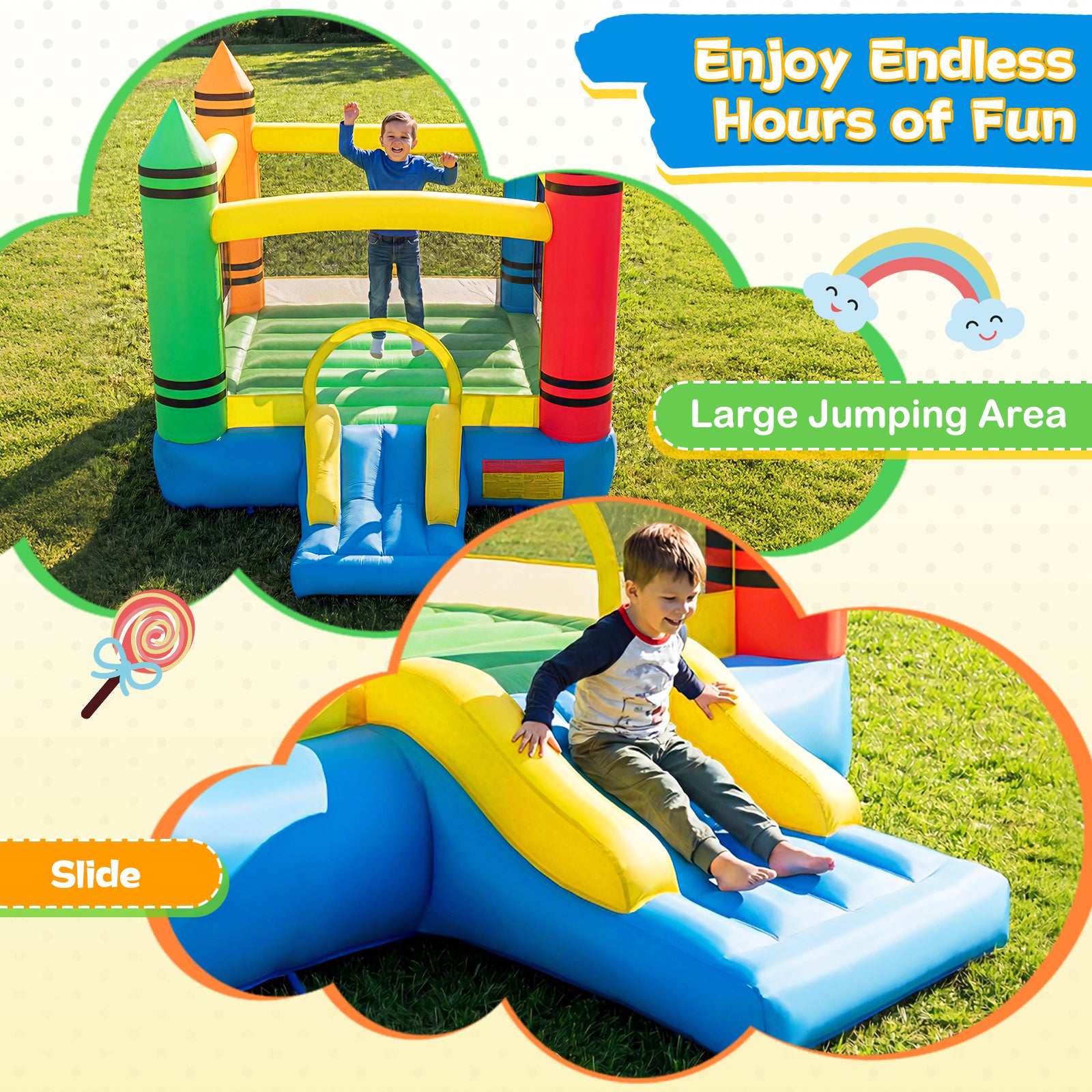 Kids 2-in-1 Crayon Themed Inflatable Bounce House with Slide (without Blower)