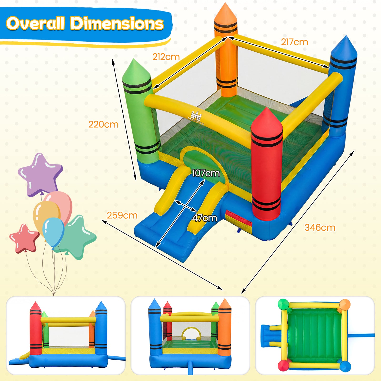 Kids 2-in-1 Crayon Themed Inflatable Bounce House with Slide (without Blower)