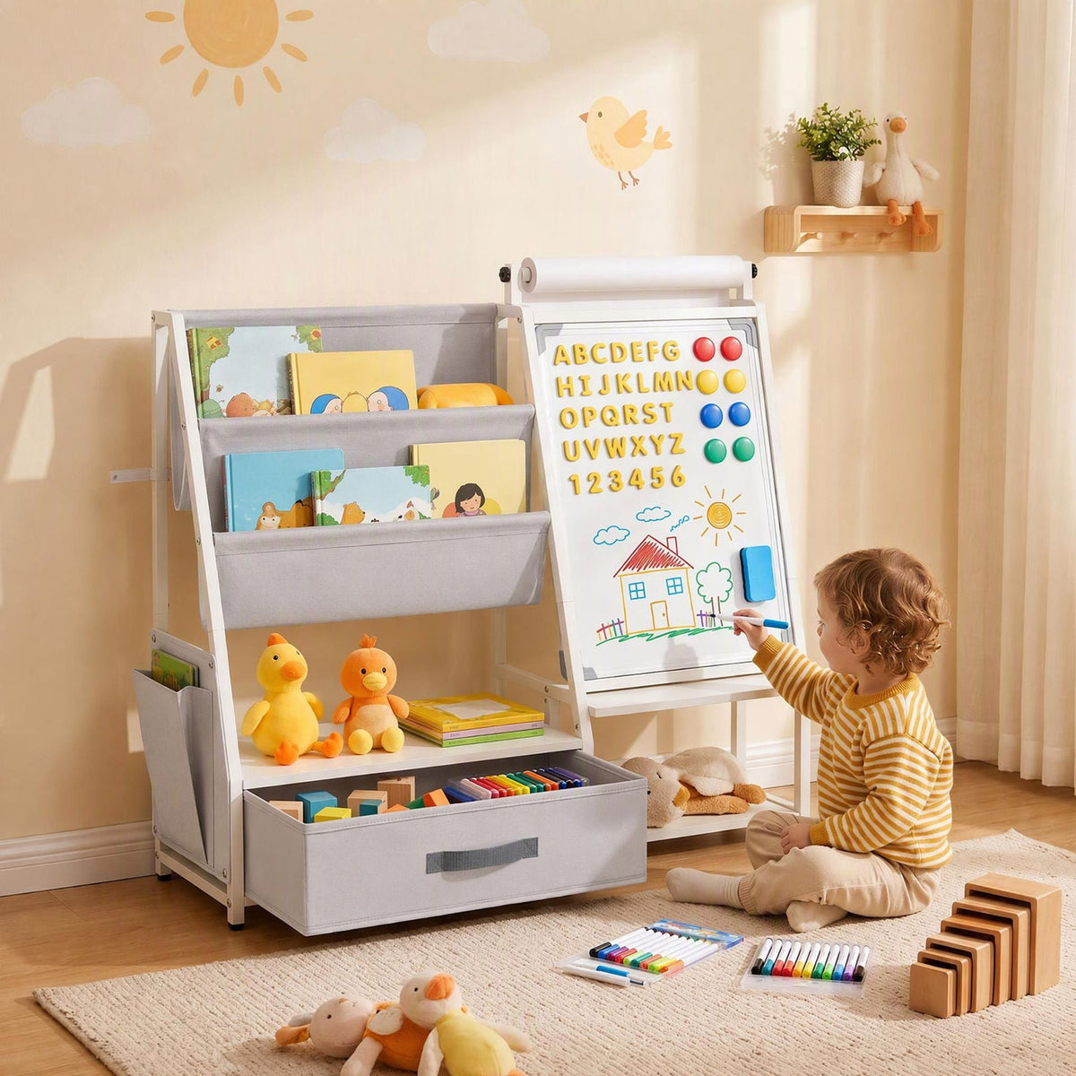 Kids Art Easel with Toy Organizer Magnetic Whiteboard Paper Roll and Storage Room-White+Gray