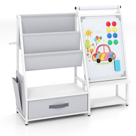 Kids Art Easel with Toy Organizer Magnetic Whiteboard Paper Roll and Storage Room-White+Gray