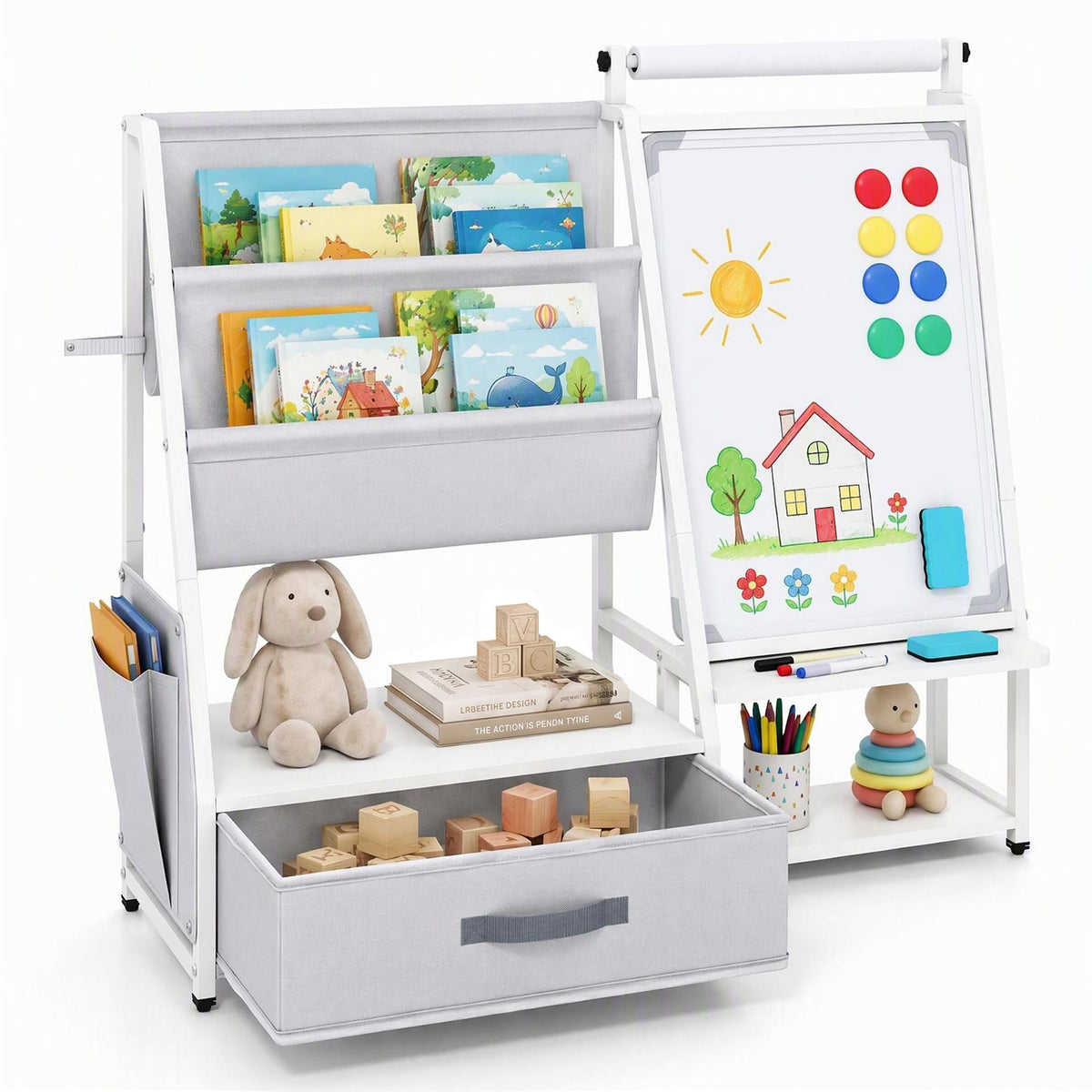 Kids Art Easel with Toy Organizer Magnetic Whiteboard Paper Roll and Storage Room-White+Gray