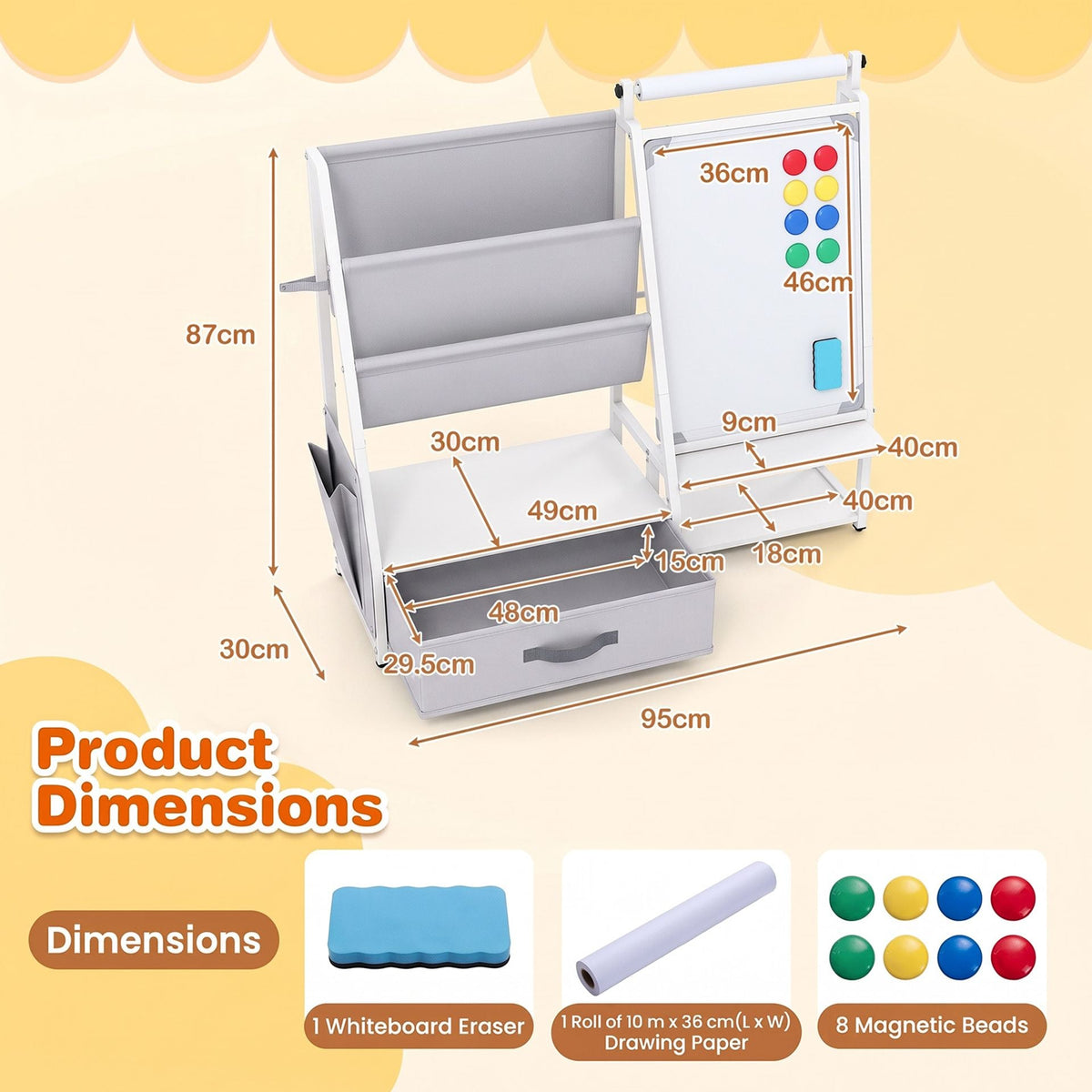 Kids Art Easel with Toy Organizer Magnetic Whiteboard Paper Roll and Storage Room-White+Gray