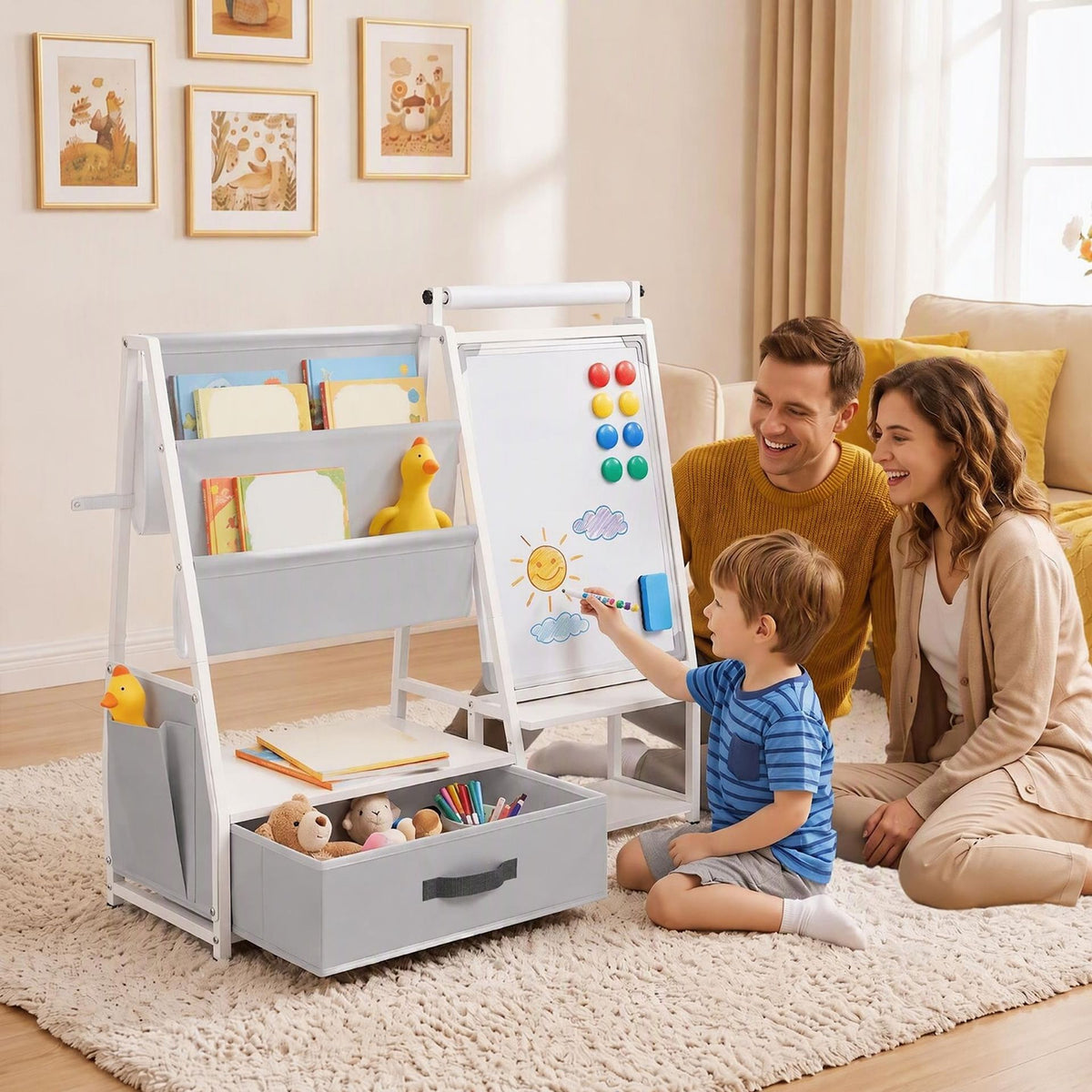 Kids Art Easel with Toy Organizer Magnetic Whiteboard Paper Roll and Storage Room-White+Gray