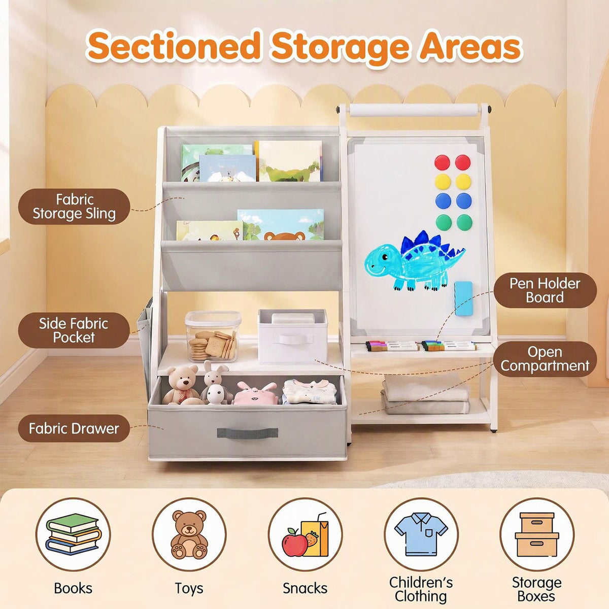 Kids Art Easel with Toy Organizer Magnetic Whiteboard Paper Roll and Storage Room-White+Gray