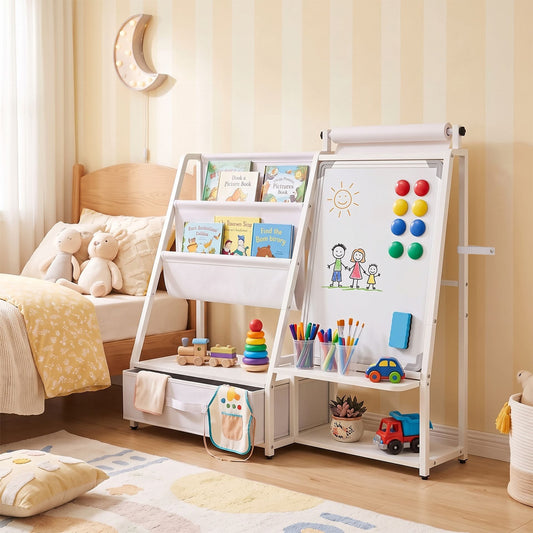 Kids Art Easel with Toy Organizer Magnetic Whiteboard Paper Roll and Storage Room-White