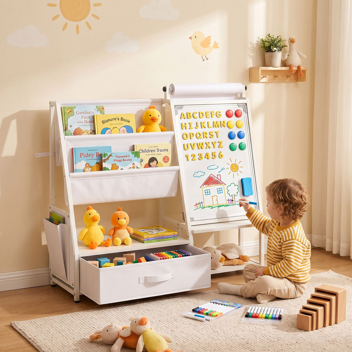 Kids Art Easel with Toy Organizer Magnetic Whiteboard Paper Roll and Storage Room-White