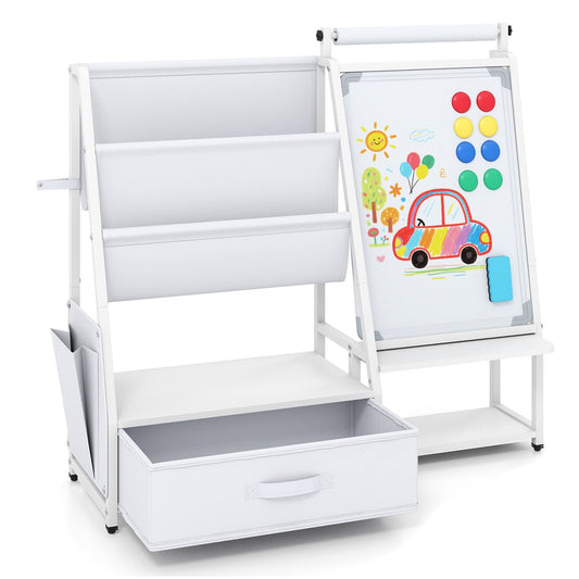 Kids Art Easel with Toy Organizer Magnetic Whiteboard Paper Roll and Storage Room-White