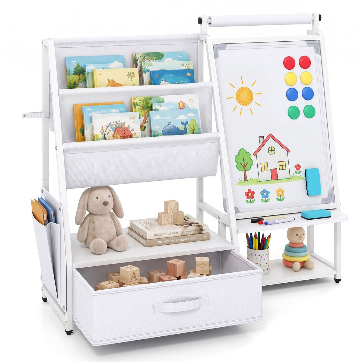 Kids Art Easel with Toy Organizer Magnetic Whiteboard Paper Roll and Storage Room-White