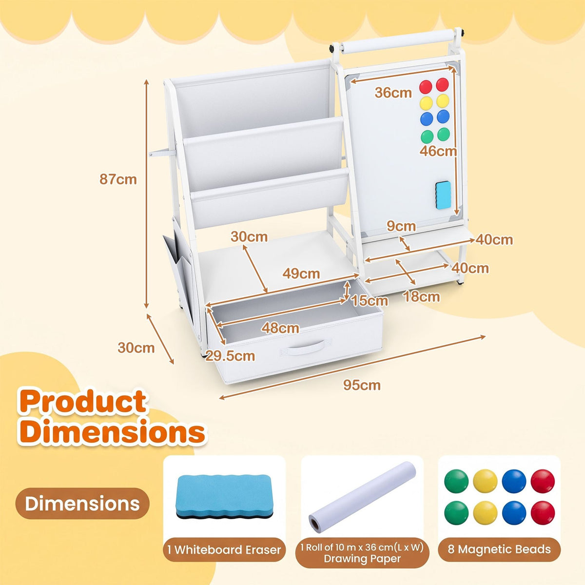 Kids Art Easel with Toy Organizer Magnetic Whiteboard Paper Roll and Storage Room-White