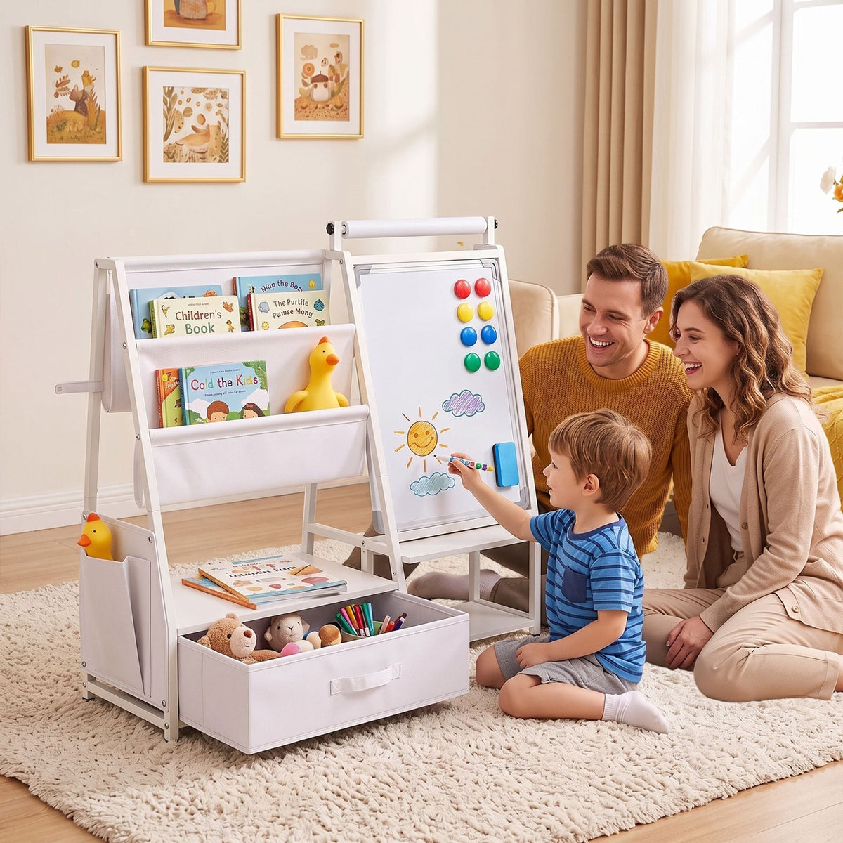 Kids Art Easel with Toy Organizer Magnetic Whiteboard Paper Roll and Storage Room-White