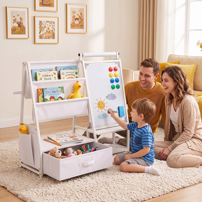 Kids Art Easel with Toy Organizer Magnetic Whiteboard Paper Roll and Storage Room-White