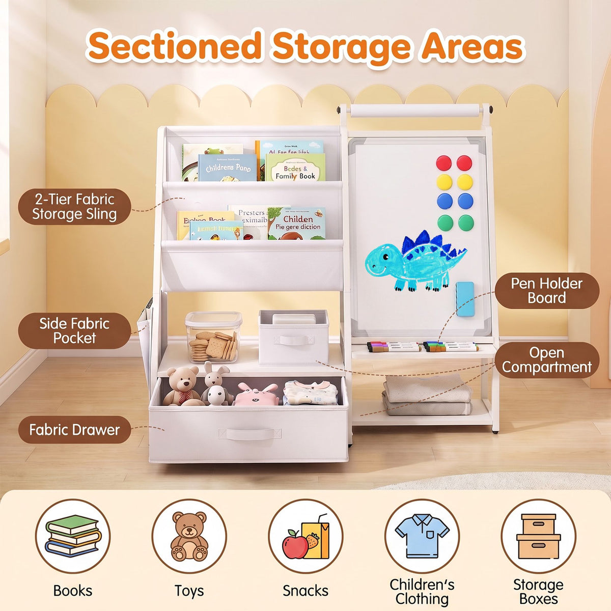 Kids Art Easel with Toy Organizer Magnetic Whiteboard Paper Roll and Storage Room-White